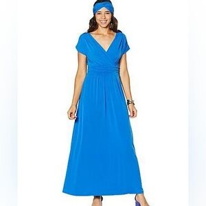 NWT Iman Petite Plus Boho Maxi Dress Blue 1XP w/ Headband 💙✨